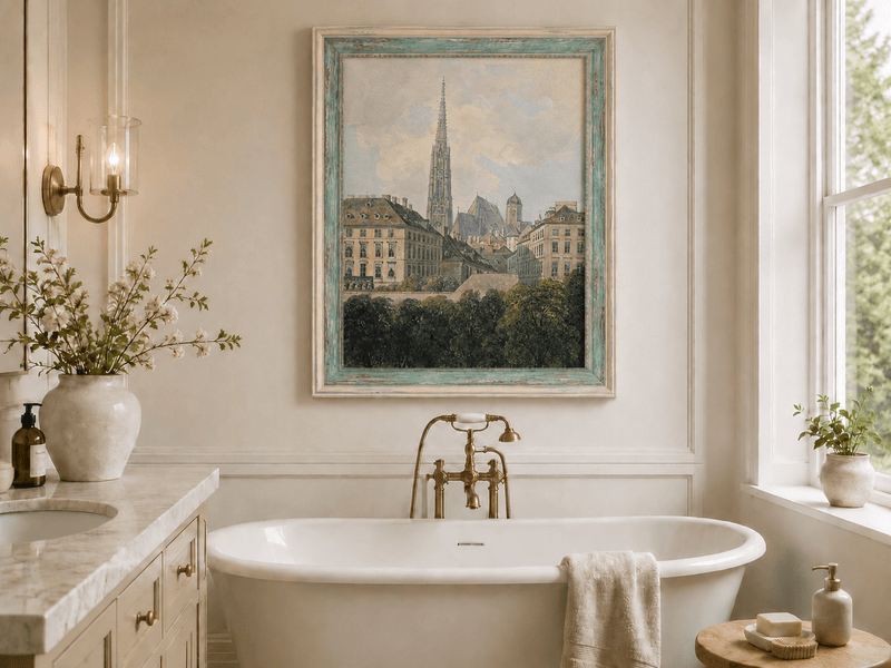 Landscape Oil Painting - Old City Park and Cathedral Spire View