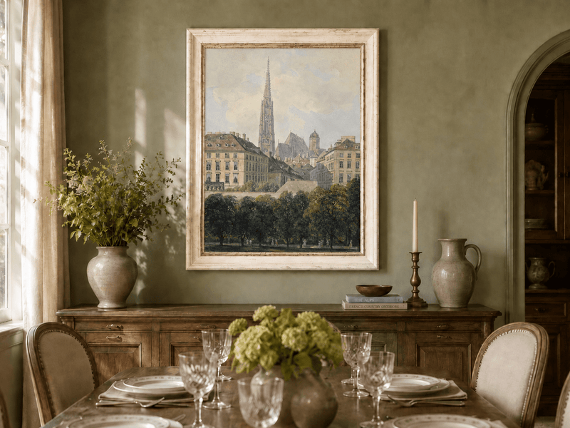 Landscape Oil Painting - Old City Park and Cathedral Spire View