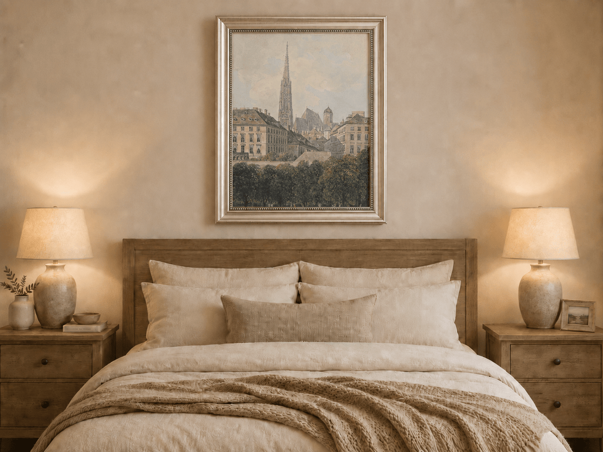 Landscape Oil Painting - Old City Park and Cathedral Spire View