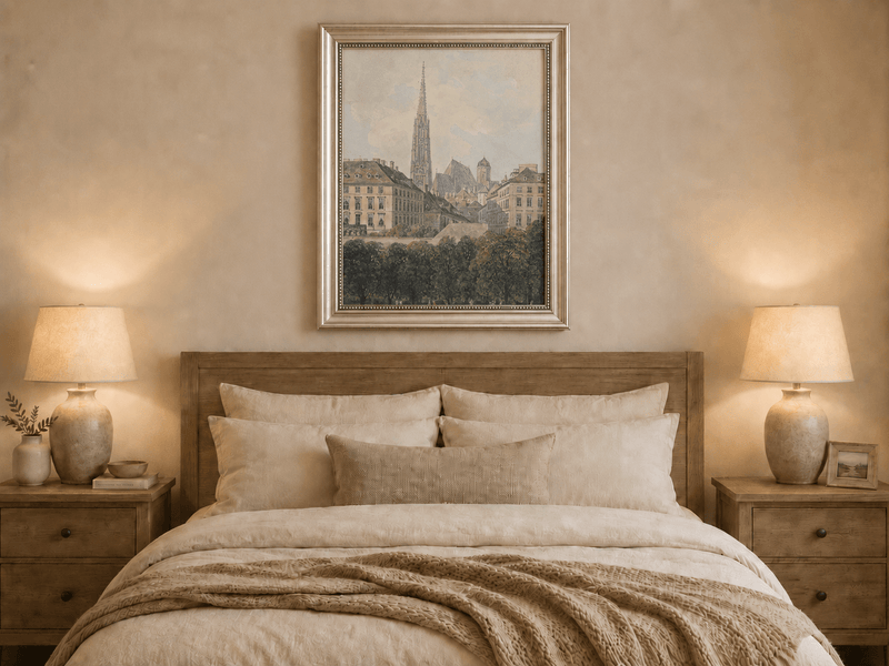 Landscape Oil Painting - Old City Park and Cathedral Spire View