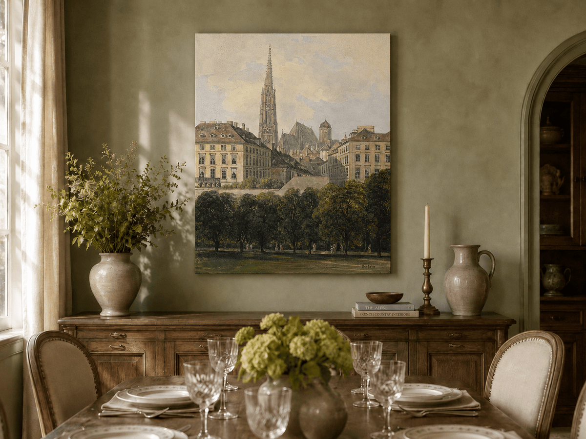Landscape Oil Painting - Old City Park and Cathedral Spire View