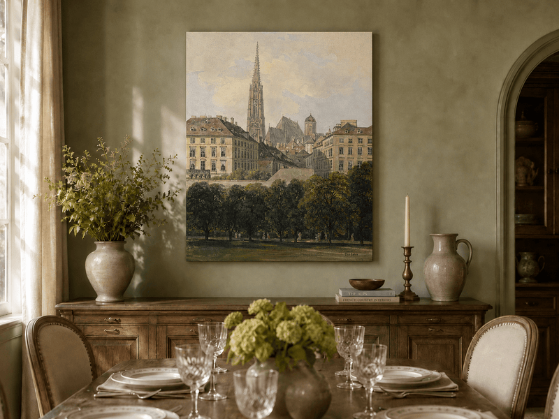 Landscape Oil Painting - Old City Park and Cathedral Spire View