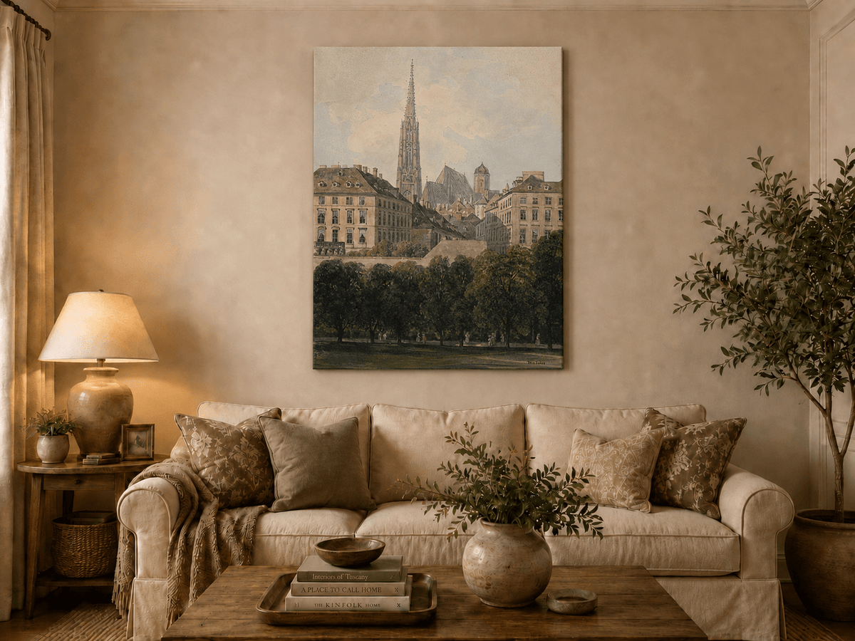 Landscape Oil Painting - Old City Park and Cathedral Spire View
