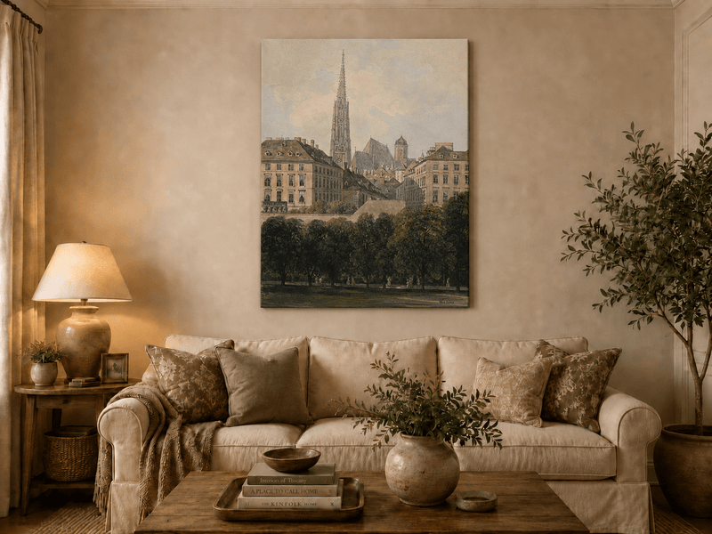 Landscape Oil Painting - Old City Park and Cathedral Spire View
