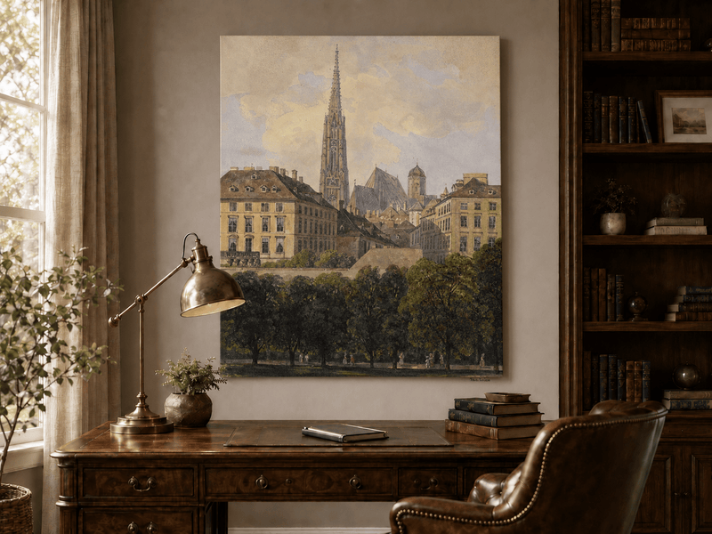 Landscape Oil Painting - Old City Park and Cathedral Spire View