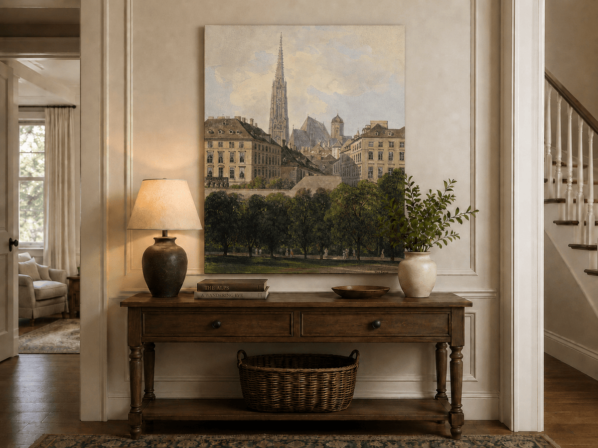 Landscape Oil Painting - Old City Park and Cathedral Spire View