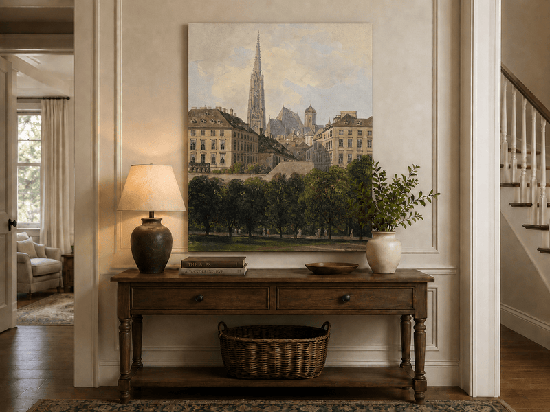Landscape Oil Painting - Old City Park and Cathedral Spire View