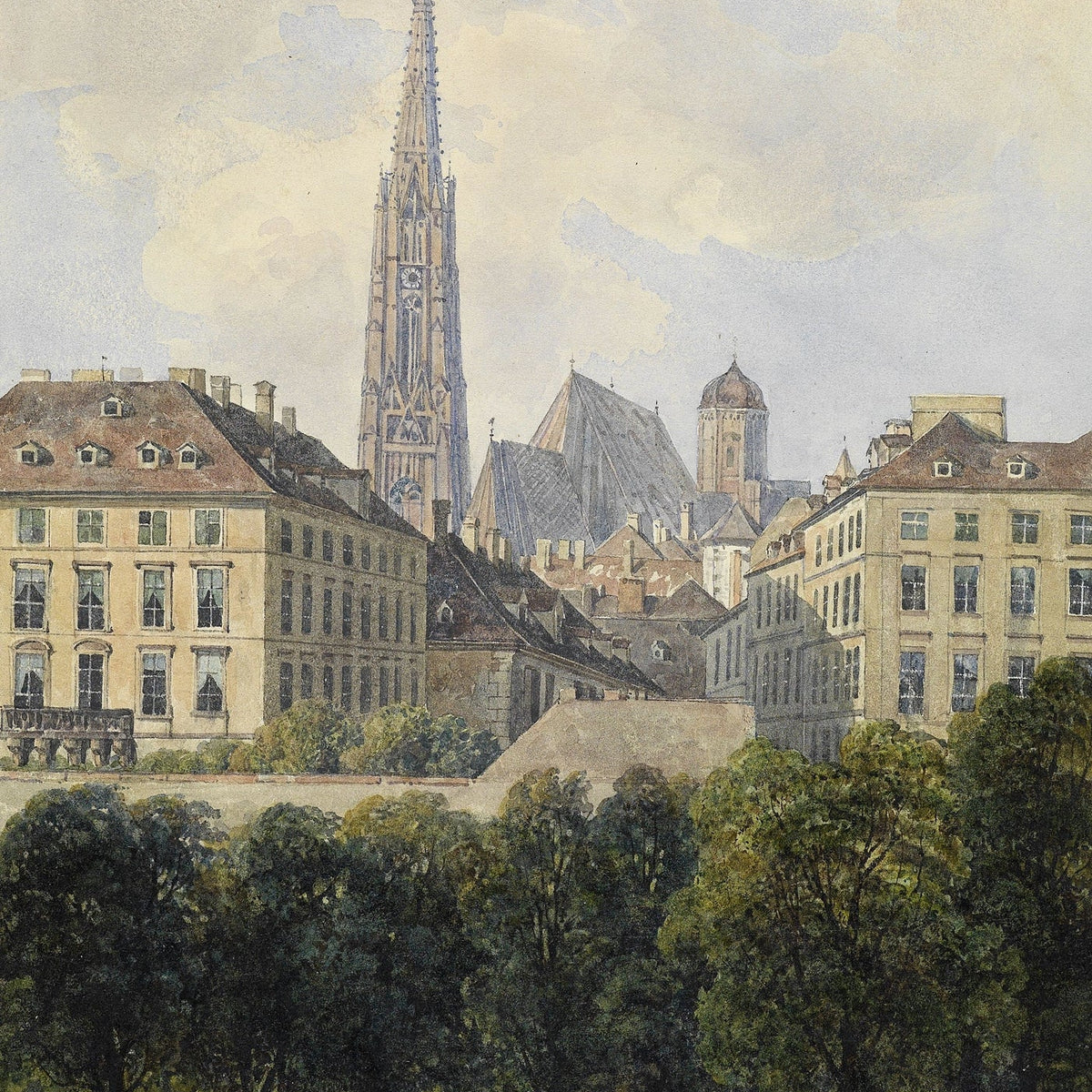 Landscape Oil Painting - Old City Park and Cathedral Spire View - Oil Painting Haven