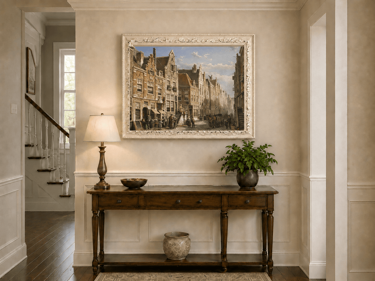Landscape Oil Painting - Old European Street Market,Townhouses