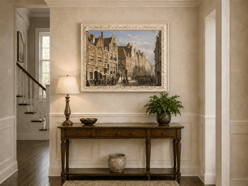 Landscape Oil Painting - Old European Street Market,Townhouses
