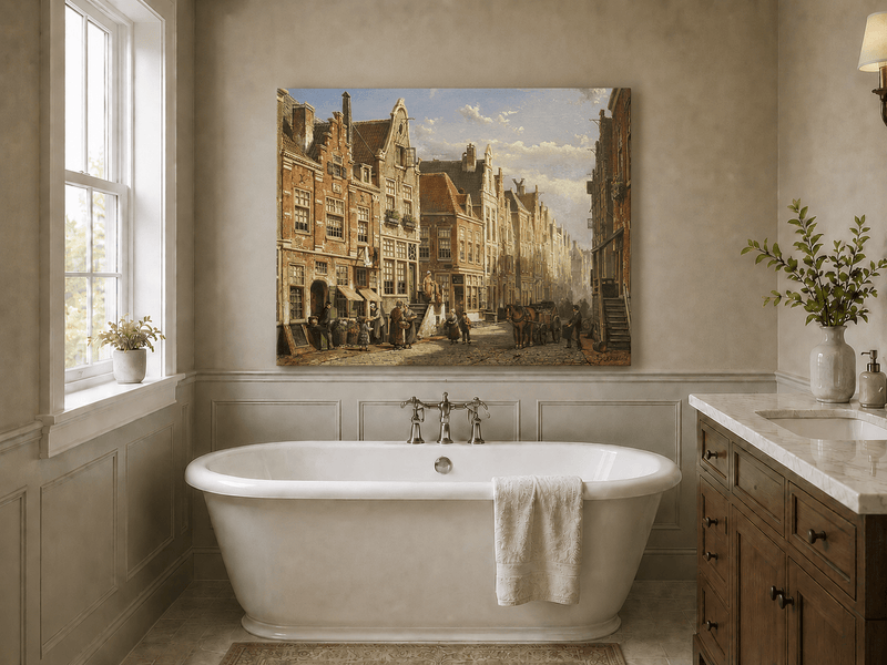 Landscape Oil Painting - Old European Street Market,Townhouses