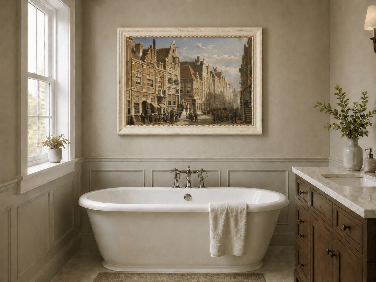 Landscape Oil Painting - Old European Street Market,Townhouses