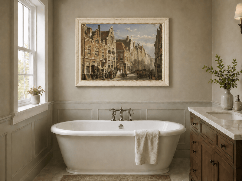 Landscape Oil Painting - Old European Street Market,Townhouses