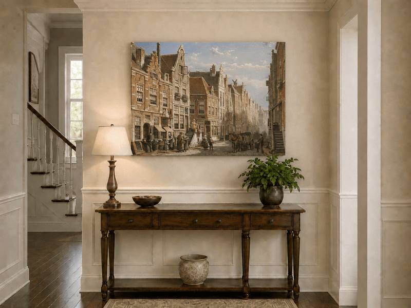 Landscape Oil Painting - Old European Street Market,Townhouses