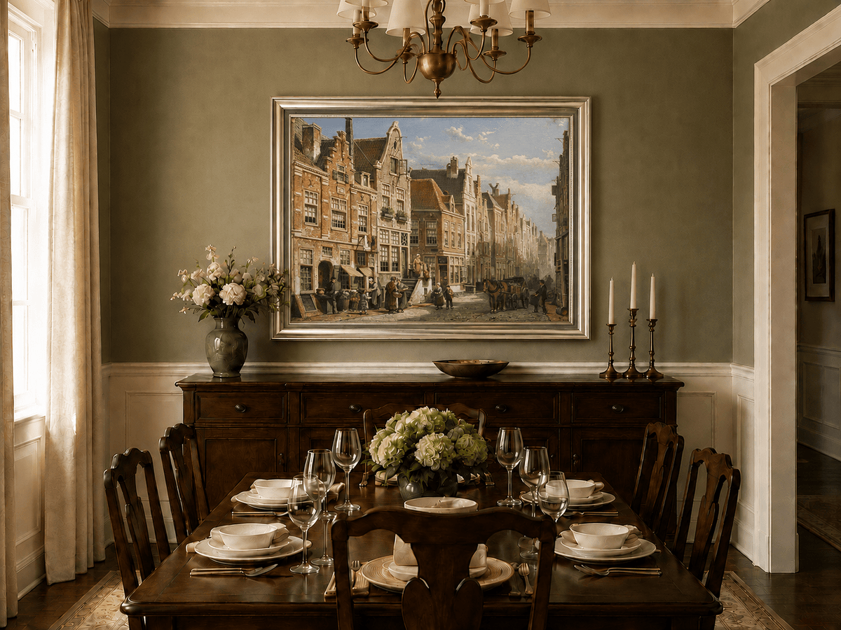 Landscape Oil Painting - Old European Street Market,Townhouses