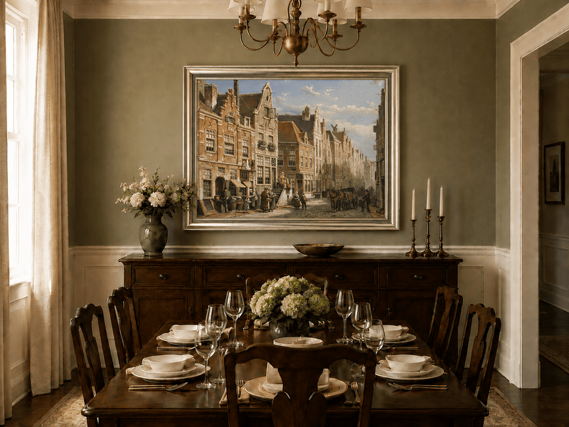 Landscape Oil Painting - Old European Street Market,Townhouses