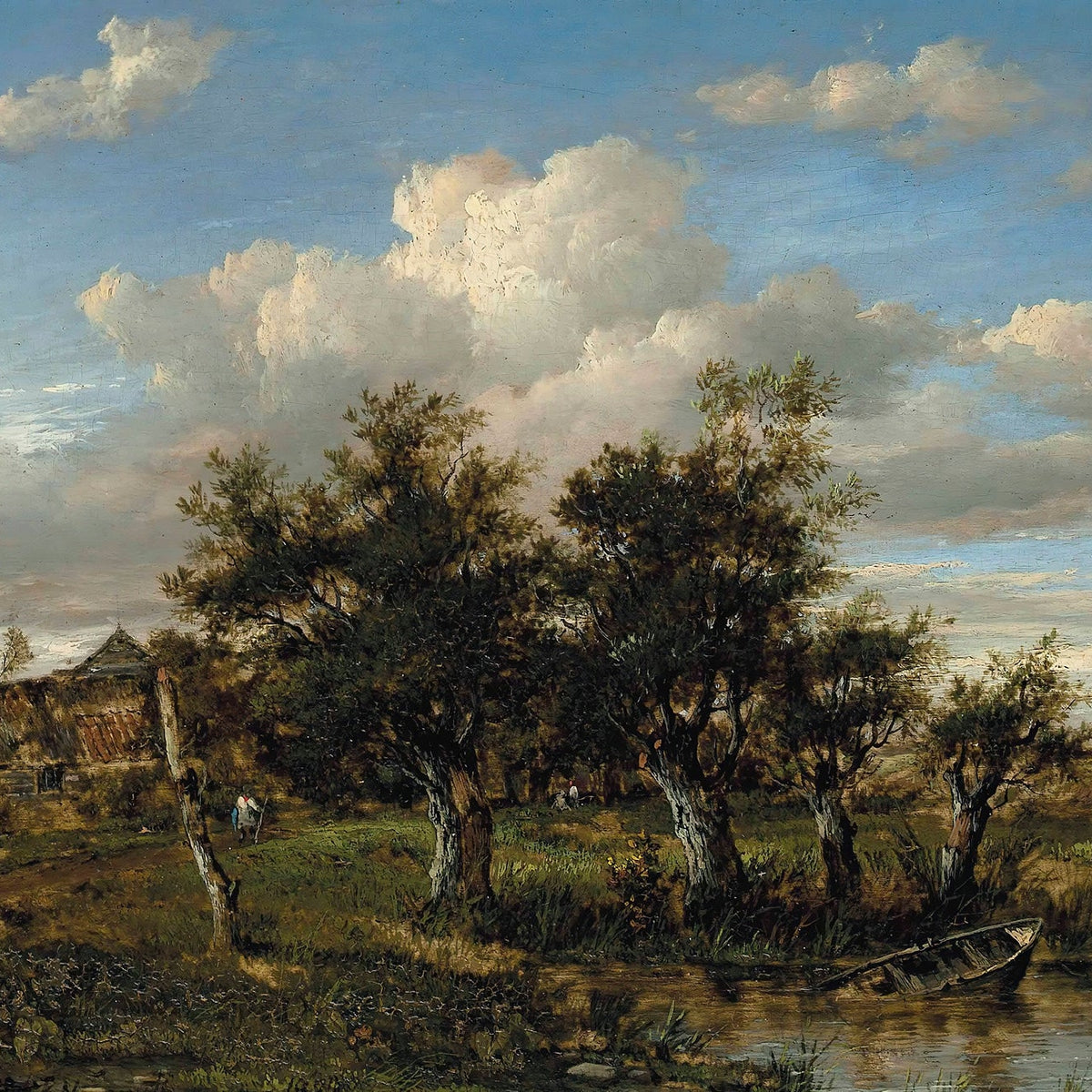 Hand-painted old farmstead by river trees and rowboat landscape oil painting on canvas