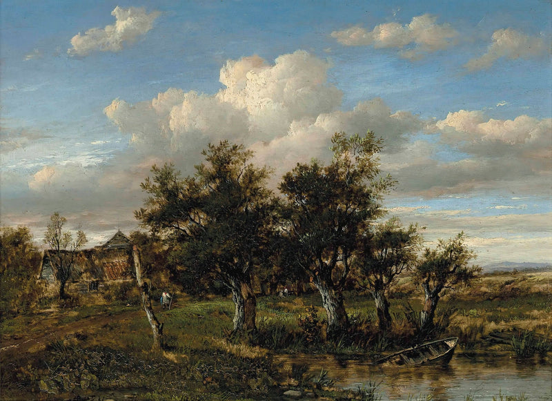 Hand-painted old farmstead by river trees and rowboat landscape oil painting on canvas