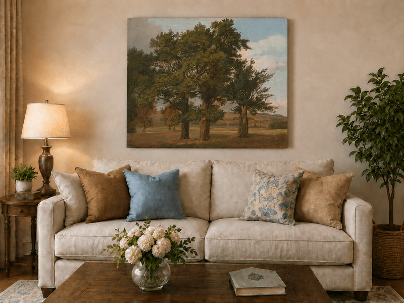 Peinture à l'huile de paysage - Gouffre rocheux spectaculaire avec personnages