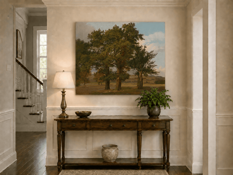 Peinture à l'huile de paysage - Gouffre rocheux spectaculaire avec personnages