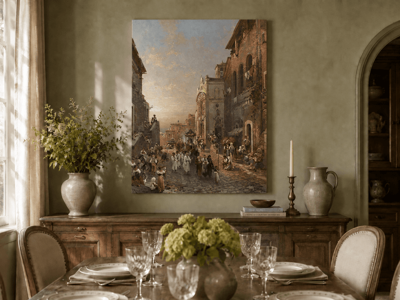 Landscape Oil Painting - Old Town Church Procession at Sunset