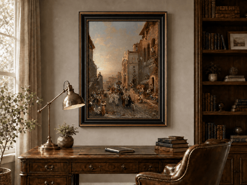 Landscape Oil Painting - Old Town Church Procession at Sunset