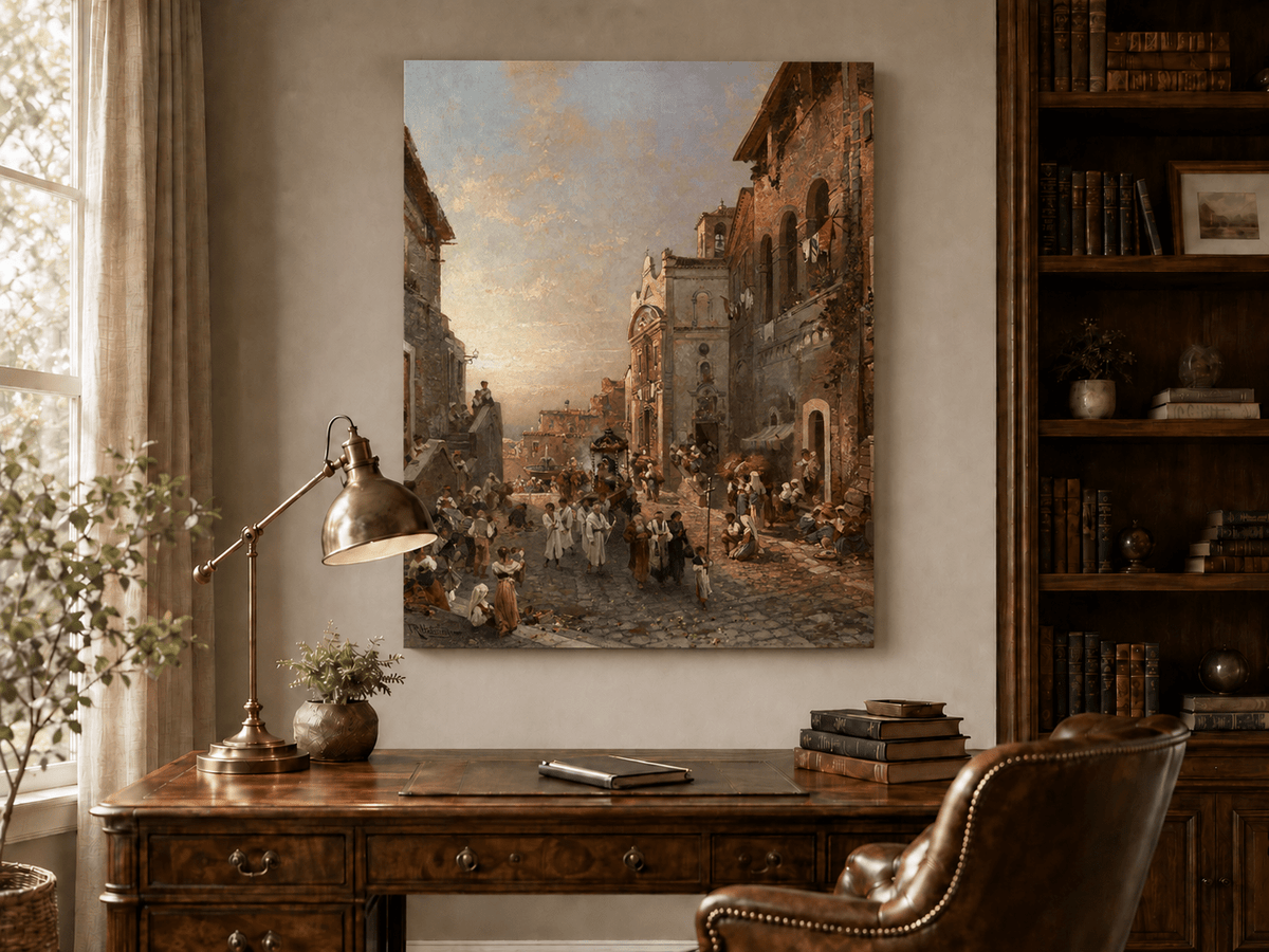 Landscape Oil Painting - Old Town Church Procession at Sunset