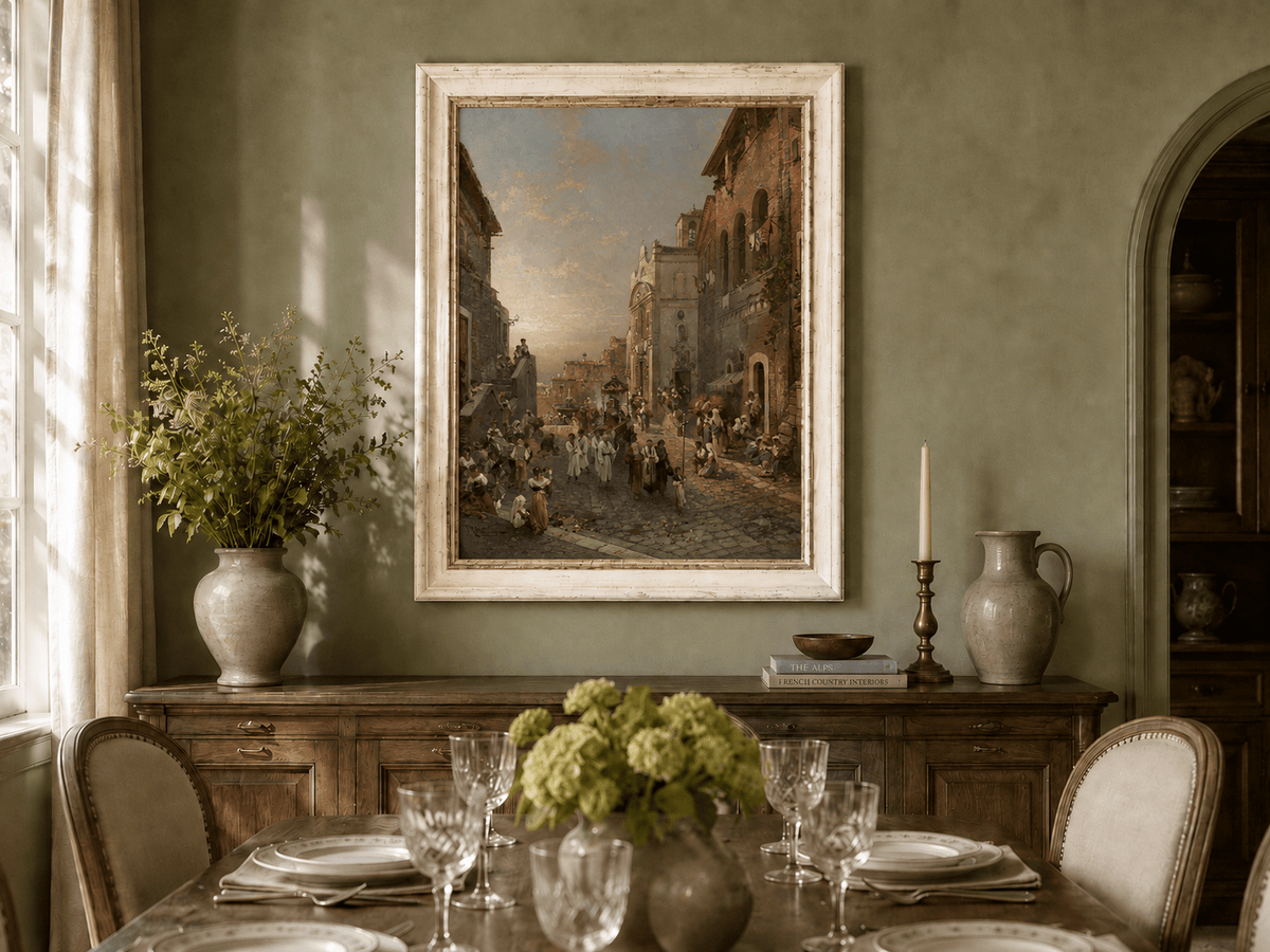 Landscape Oil Painting - Old Town Church Procession at Sunset