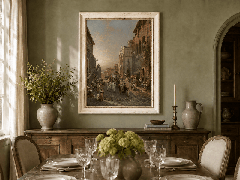Landscape Oil Painting - Old Town Church Procession at Sunset