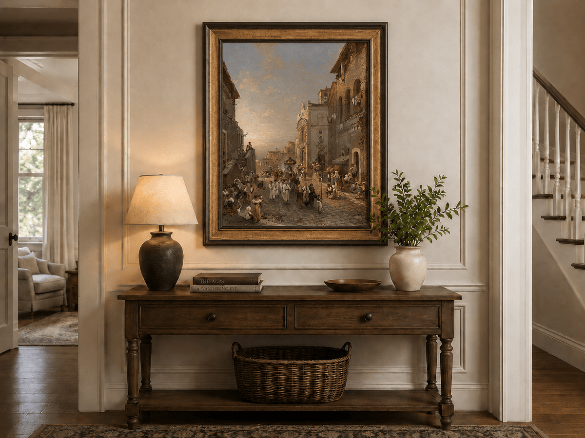 Landscape Oil Painting - Old Town Church Procession at Sunset