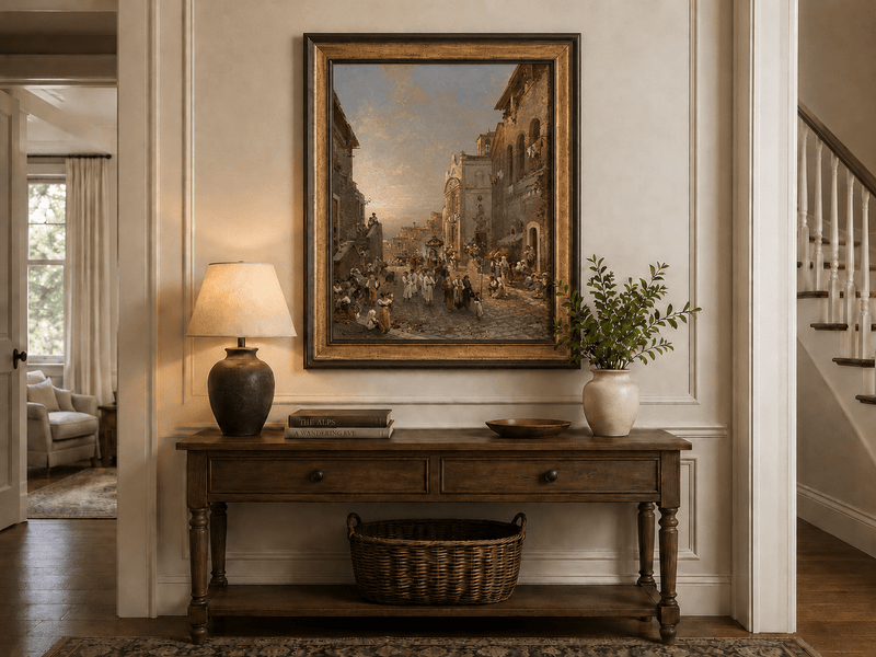 Landscape Oil Painting - Old Town Church Procession at Sunset