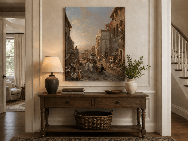 Landscape Oil Painting - Old Town Church Procession at Sunset