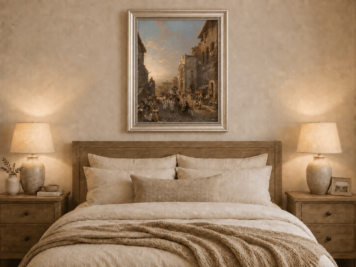 Landscape Oil Painting - Old Town Church Procession at Sunset