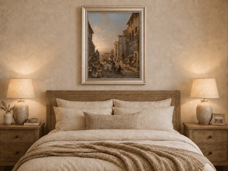 Landscape Oil Painting - Old Town Church Procession at Sunset