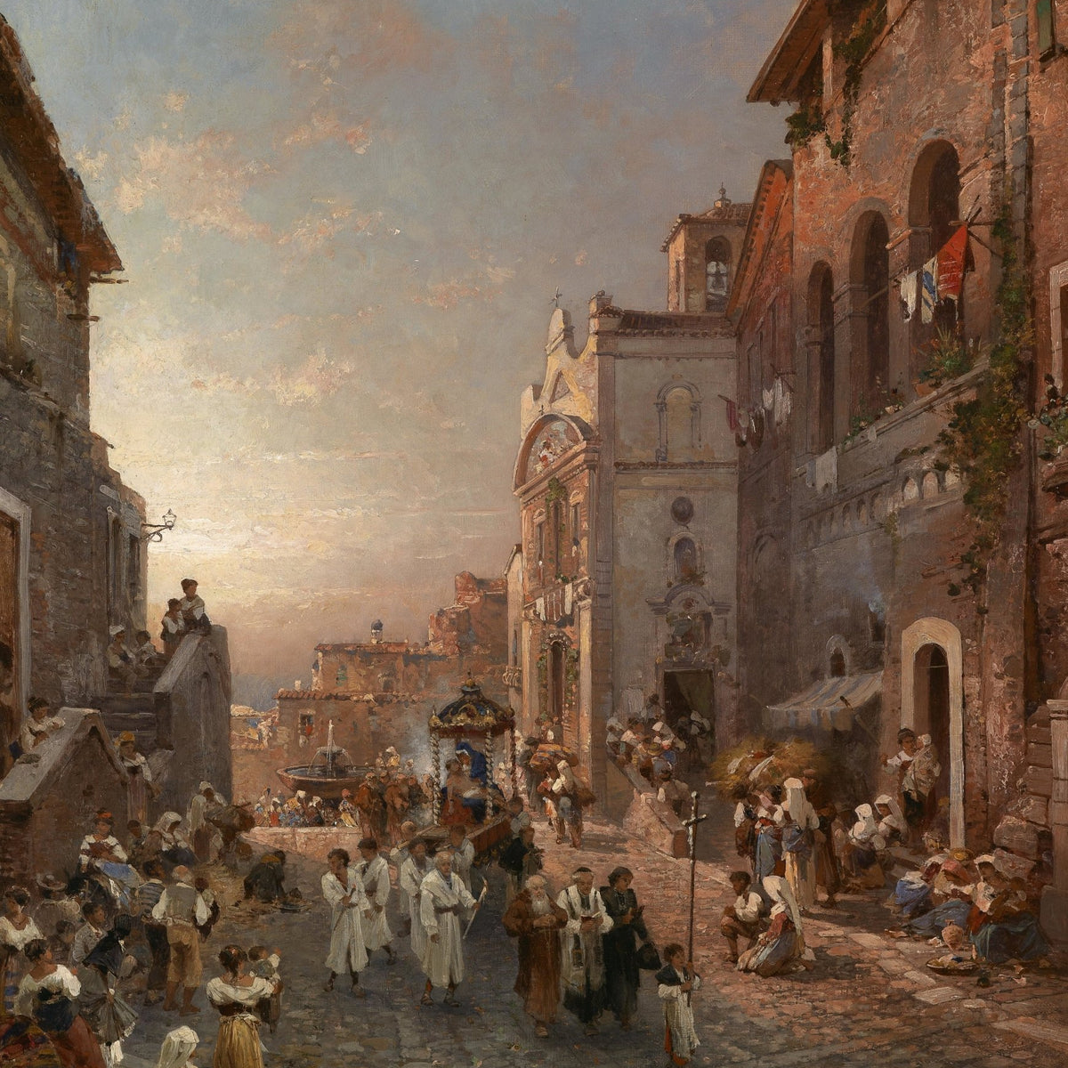 Landscape Oil Painting - Old Town Church Procession at Sunset - Oil Painting Haven