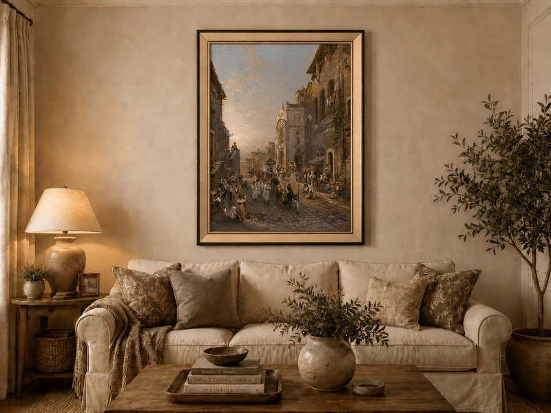 Landscape Oil Painting - Old Town Church Procession at Sunset