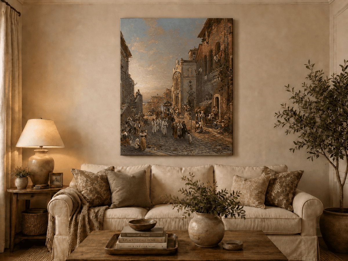 Landscape Oil Painting - Old Town Church Procession at Sunset