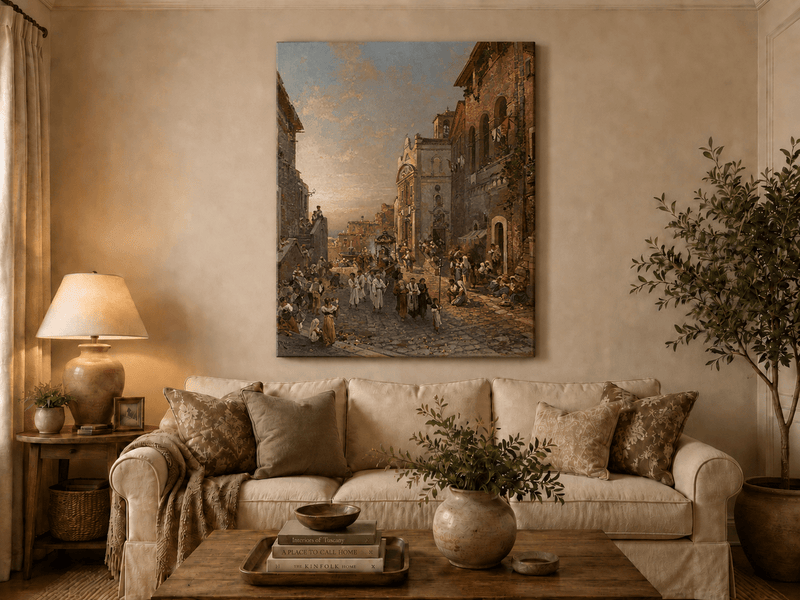Landscape Oil Painting - Old Town Church Procession at Sunset