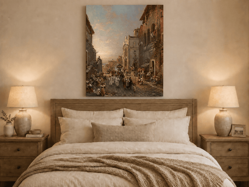 Landscape Oil Painting - Old Town Church Procession at Sunset
