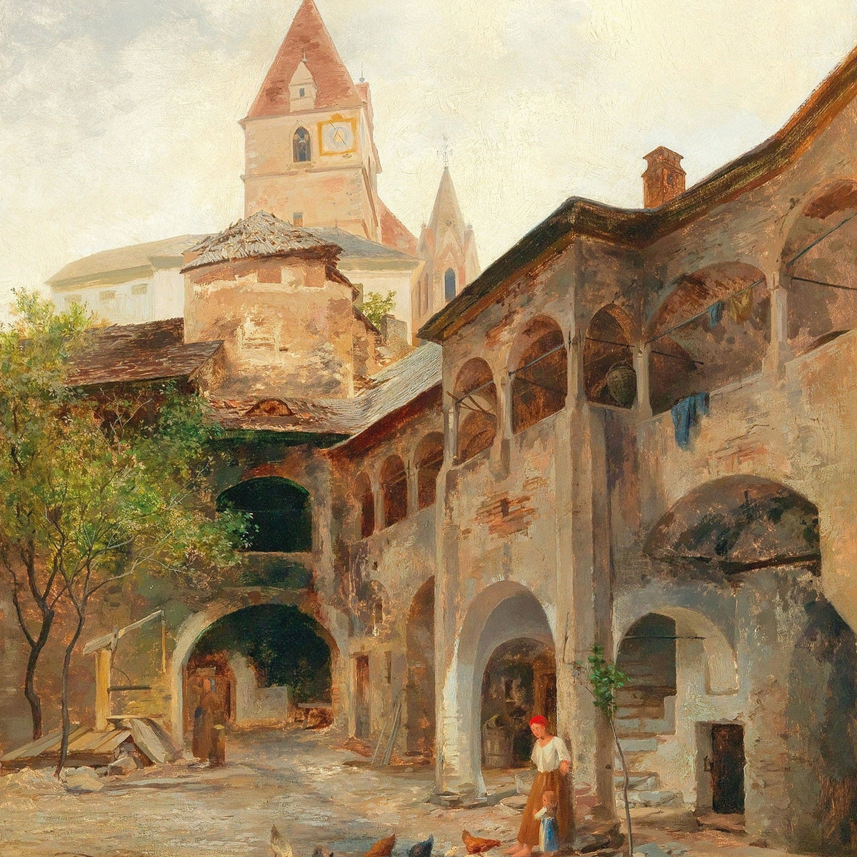 Landscape Oil Painting - Old Town Courtyard and Church Tower Scene - Oil Painting Haven