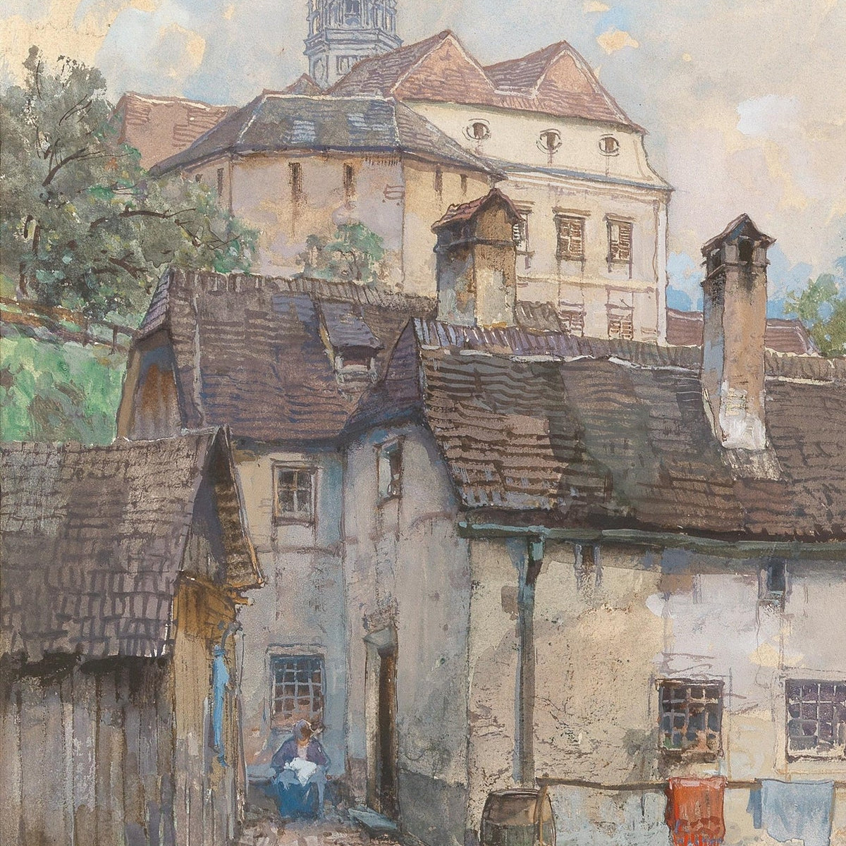 Hand-painted old town houses beneath church spire landscape oil painting on canvas