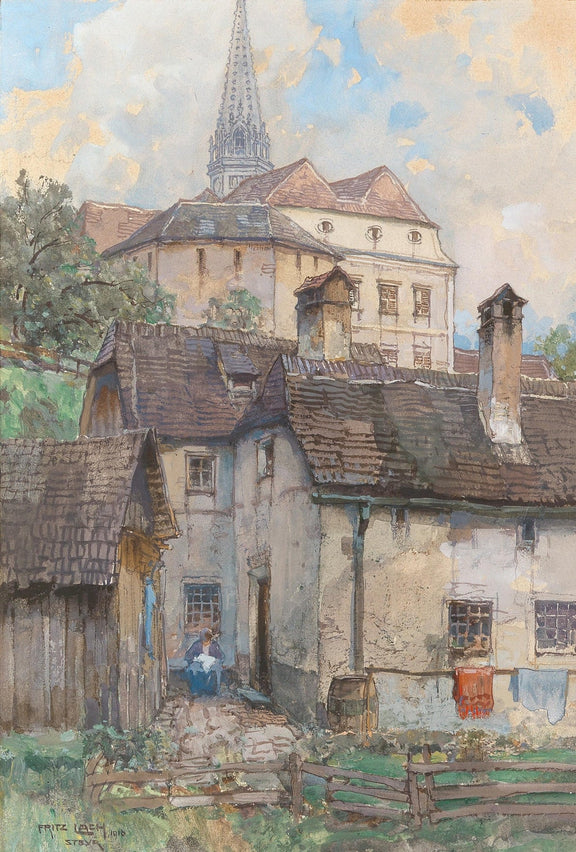 Hand-painted old town houses beneath church spire landscape oil painting on canvas