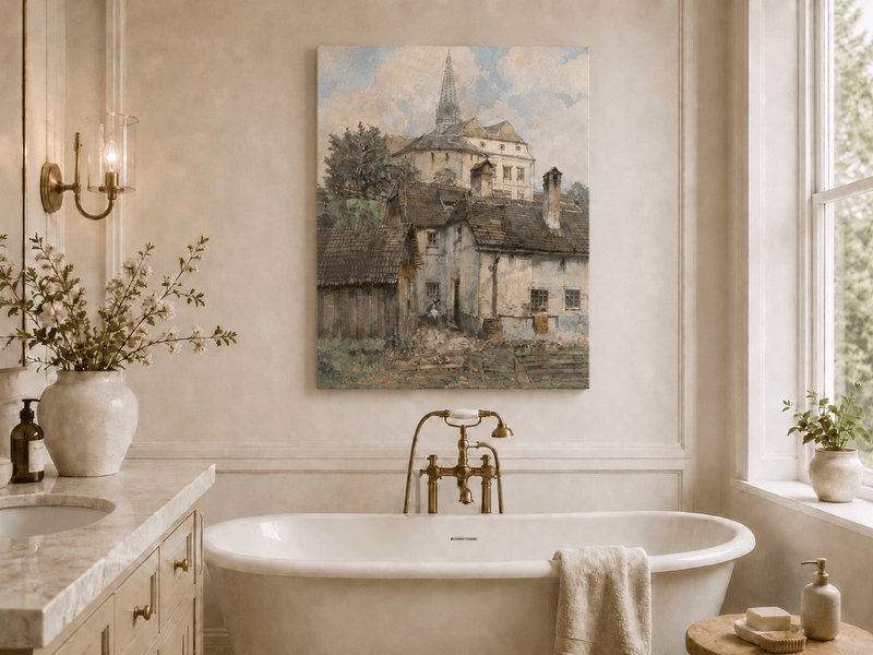 Landscape Oil Painting - Old Town Houses Beneath Church Spire