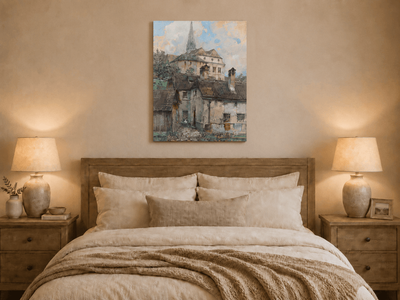Landscape Oil Painting - Old Town Houses Beneath Church Spire