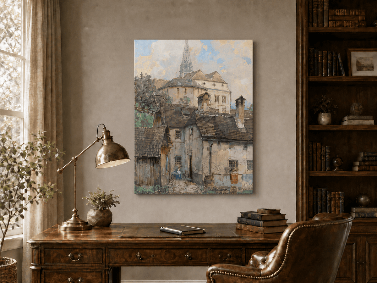 Landscape Oil Painting - Old Town Houses Beneath Church Spire
