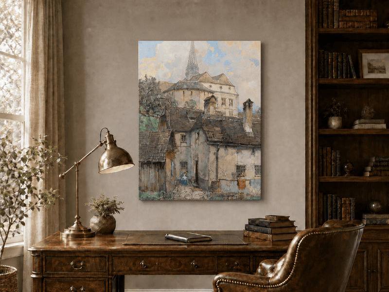 Landscape Oil Painting - Old Town Houses Beneath Church Spire