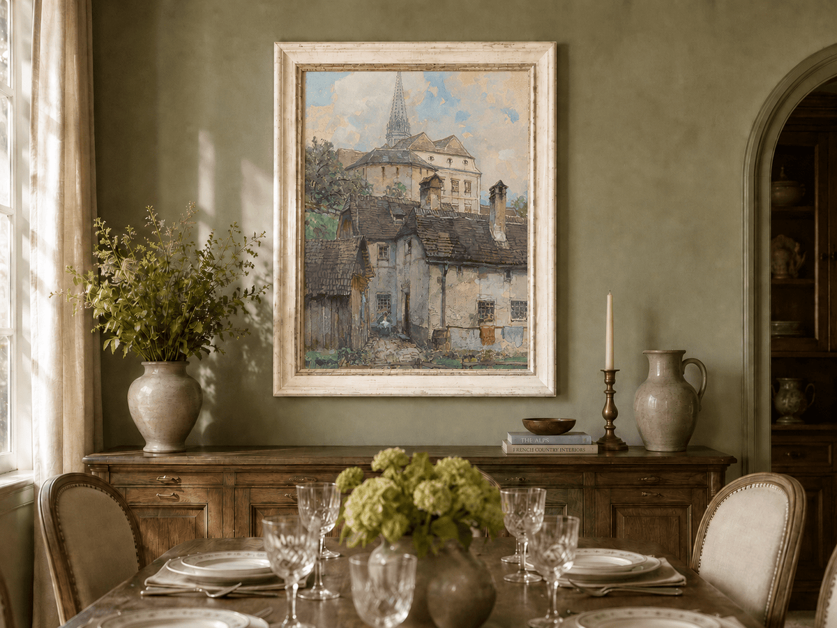 Landscape Oil Painting - Old Town Houses Beneath Church Spire