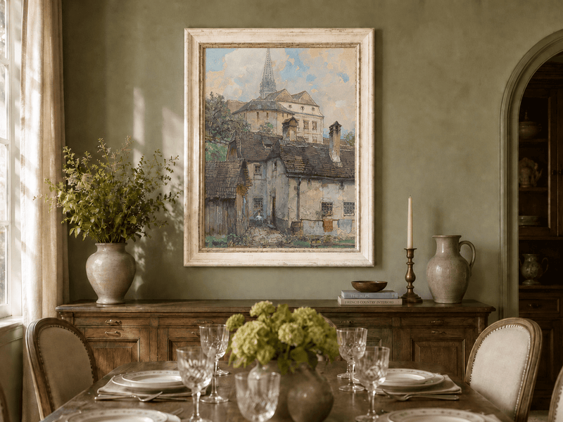 Landscape Oil Painting - Old Town Houses Beneath Church Spire