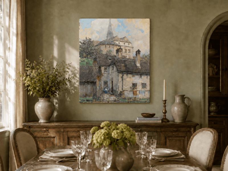 Landscape Oil Painting - Old Town Houses Beneath Church Spire