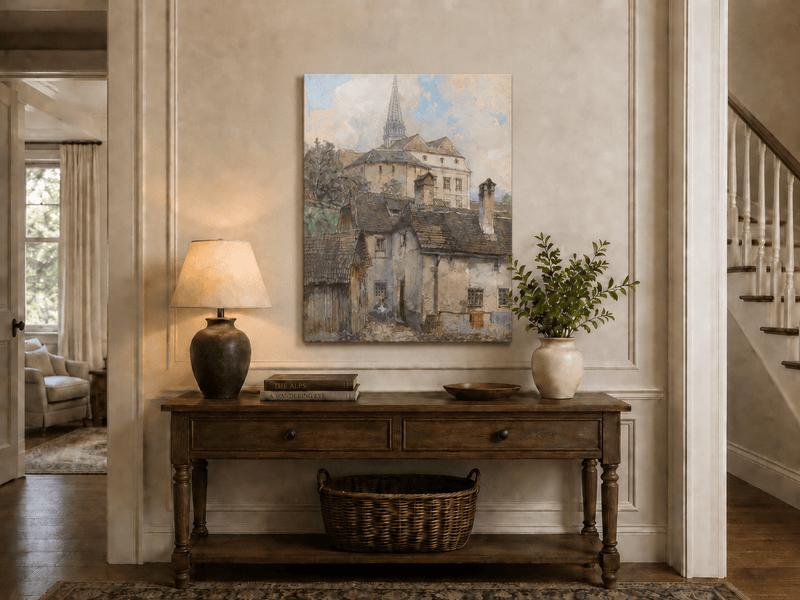 Landscape Oil Painting - Old Town Houses Beneath Church Spire